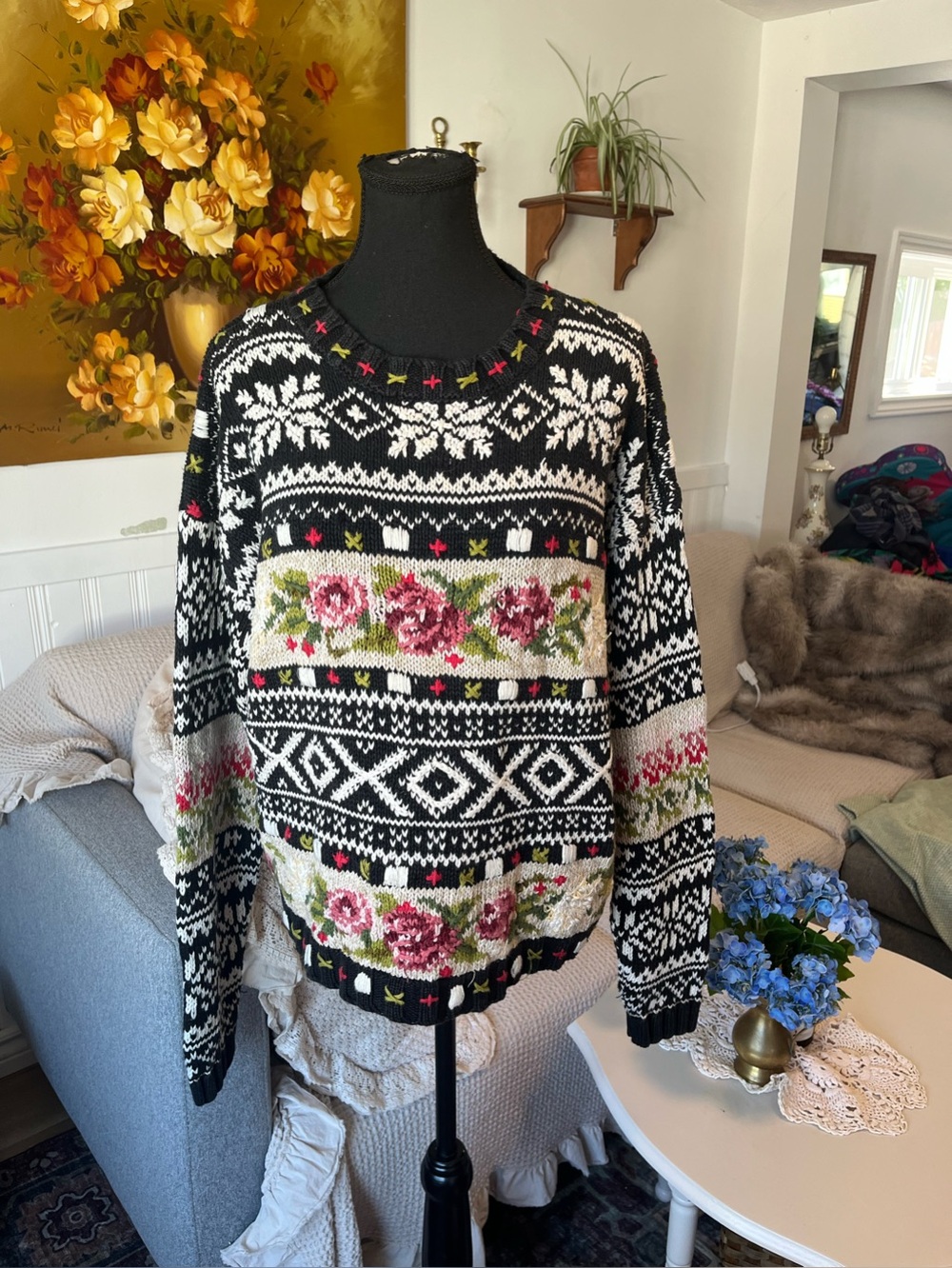 Women’s Vintage Black Floral Fair Isle Knit Sweater Roses 🌹 M